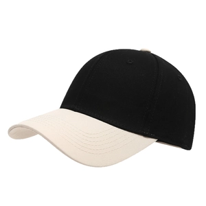 Classic two-tone cotton baseball cap with black crown and beige brim shown at 45-degree angle