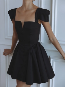 French style square neck black mini dress with button front and pleated A-line skirt