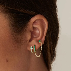 Detailed view of S925 silver ear cuff set with emerald gemstones and micro-pave diamonds