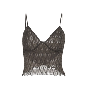 Women's sexy V-neck slim fit lace camisole in dark brown with thin straps and ruffled hem