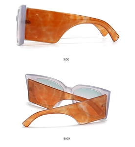 Side and back view of retro oversized sunglasses with orange marble textured temples