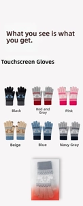 Detailed view of six color options of knitted winter gloves with touchscreen fingertips