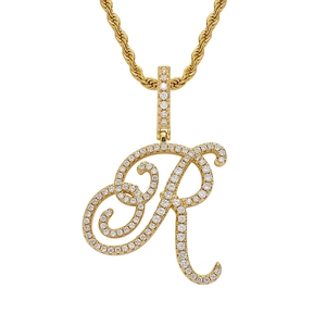 Detailed macro view of hip-hop letter R pendant with 18K gold plating and pave zircons