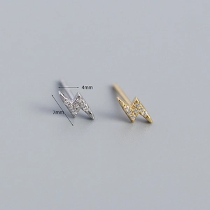 Sparkling S925 silver lightning bolt stud earrings in gold and silver with zircon stones