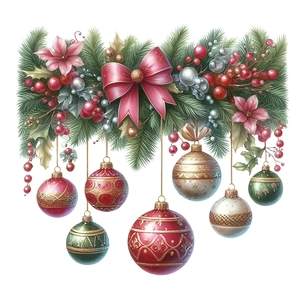 Sticker mural de Noël avec aiguilles de pin, baies rouges, nœuds roses et boules décoratives
