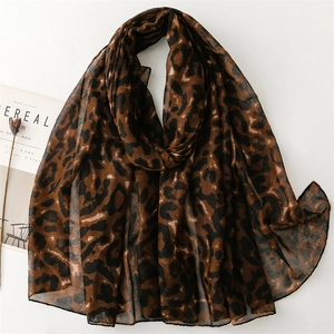 Classic leopard print long scarf in dark brown and black chiffon on white background