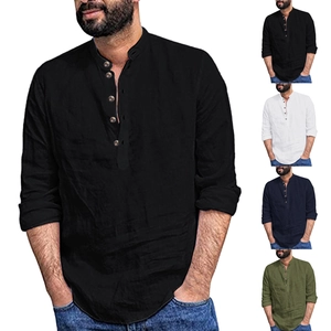 Men Casual Cotton Blend Shirt Stand Collar Long Sleeve Henley Shirt Loose Solid Color Urban Fashion Top For Daily Wear