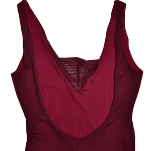 Detail of deep red mesh patchwork bodysuit with a sexy plunging V-neckline