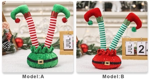 Detailed view of red and green sequined Christmas elf legs ornaments in a festive indoor setting