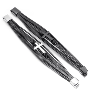 Men's braided leather cross bracelets with magnetic steel clasp in black and silver