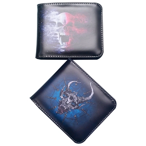 Men Vintage Skull Print Bifold Wallet Short PVC Faux Leather With ID Window Zipper Coin Pocket Gothic Punk Style Fashion