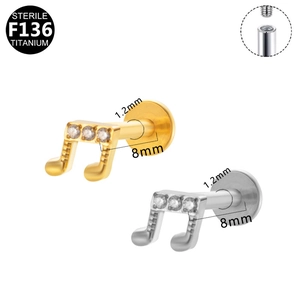 Macro view of titanium musical note stud earrings with zircon inlay and internal threading