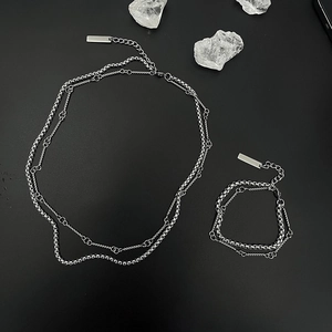 Double-layer silver titanium steel chain necklace and bracelet set with cuban and twist links