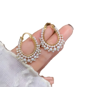 Elegant gold drop hoop earrings with white pearls and small diamonds for women