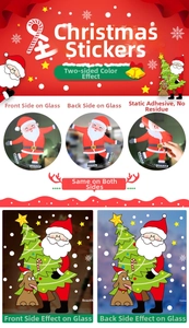Detail of Christmas static window stickers showing double-sided design and adhesive-free PVC material