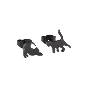 Minimalist black cat silhouette stud earrings with matte finish on white background