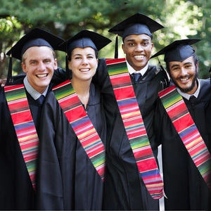 Adult graduation gown and cap set with colorful Mexican style striped woven stole
