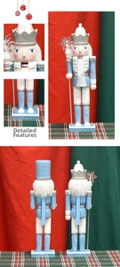Detailed close-up of 30cm blue glitter nutcracker king with silver crown and staff