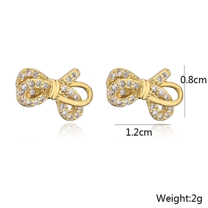 Detailed view of 18K gold plated bow earrings with zircon and size specifications