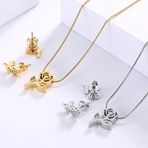 Rose Flower Necklace And Earrings Jewelry Stainless Steel Elegant Hollow Floral Pendant Snake Chain For Women