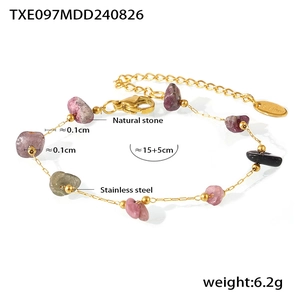 Detail view of gold stainless steel bracelet with colorful natural stones and measurements