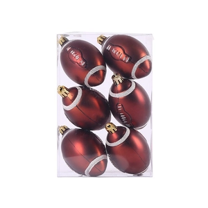 Set of 6 brown football Christmas tree ornaments with glitter stripes in a PVC display box