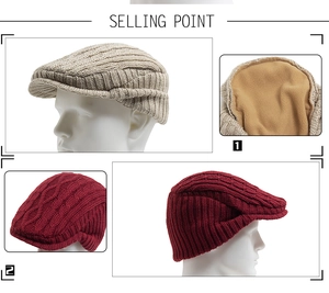 Detail view of knitted beret showing thick cable knit texture and warm fleece lining