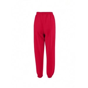 Detailed back view of red baggy joggers featuring elastic waistband and ribbed cuffs