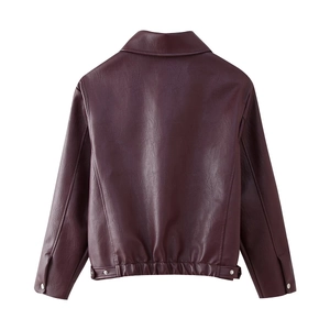 Back view of burgundy PU leather biker jacket with lapel collar and metal snap buttons