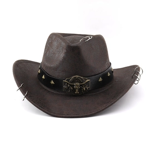 Distressed dark brown PU leather western cowboy hat with metal bull skull and silver eyelets