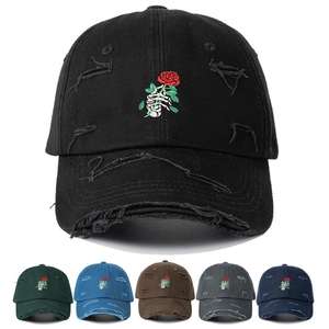 Embroidered Skeleton Rose Cotton Baseball Cap For Men Women Distressed Vintage Sunshade Adjustable Hat Breathable Casual