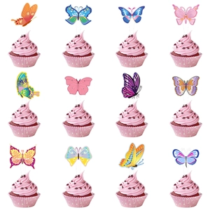 Detailed grid showing 12 styles of colorful butterfly cake toppers for party decoration