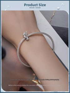 Detail showing music note wing charm on silver bracelet with sparkling zircon crystal