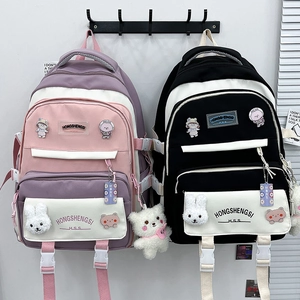 Large Capacity Nylon School Backpack Color Block Multi Pocket For High School Students With Cute Plush Rabbit Hanging