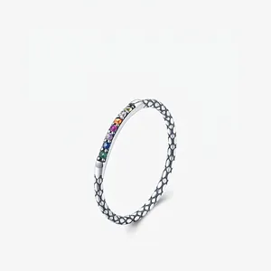 Vintage 925 Sterling Silver Rainbow Zirconia Ring For Women Luxury Geometric Textured Inlaid Colorful Stone Eternity Ring Finger Jewelry