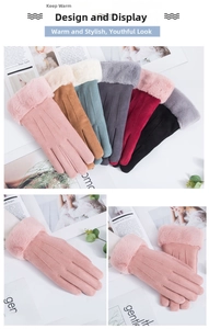 Detail of winter suede gloves featuring thick faux fur cuffs and elegant stitched design