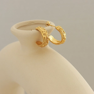 Vintage 18K gold plated C-shape hoop earrings with irregular lava texture for women