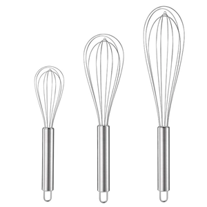 Three-piece stainless steel wire whisk set with round handles in small, medium, and large sizes