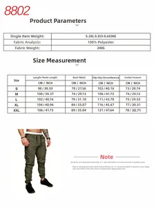Detailed size chart for men's cargo pants showing waist, hip, and length measurements