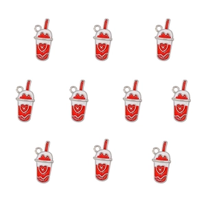 Macro view of ten red heart milk tea cup alloy charms for DIY jewelry making