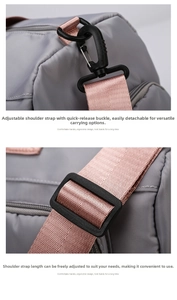 Detail of adjustable and detachable shoulder strap with rose gold buckles on a grey travel bag