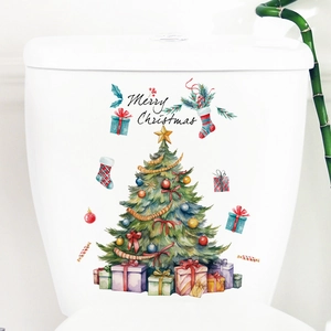 Christmas tree wall stickers and Merry Christmas decals for bathroom toilet lid decoration