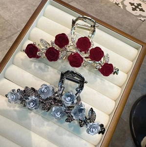 Elegant rose flower metal hair claws with rhinestones and tassels for bun styling