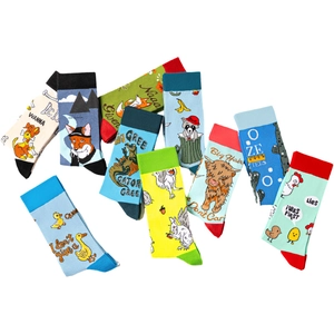 Detail of colorful knitted cotton crew socks featuring creative cartoon graphic patterns