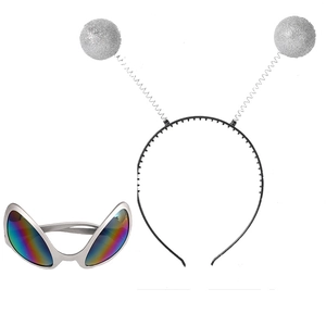 Silver alien party set with glitter antenna headband and metallic rainbow sunglasses