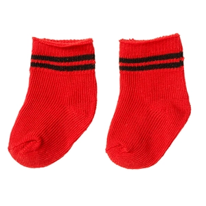 Detailed view of red knitted 18-inch doll socks featuring stylish black double stripes