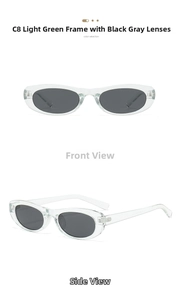 Front and side views of light green oval sunglasses with dark grey lenses in C8 color