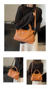 Multiple views showing the texture and strap details of a brown faux leather tote bag