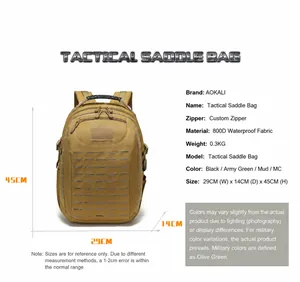 Tactical backpack detail with 800D waterproof fabric material and product dimensions