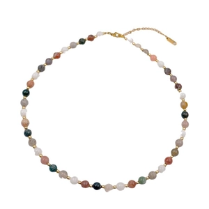 Multicolor beaded sweater necklace with vintage gold spacer beads and lobster clasp